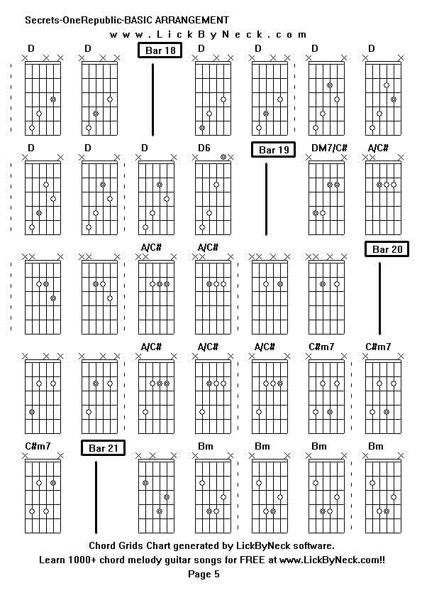 Chord Grids Chart of chord melody fingerstyle guitar song-Secrets-OneRepublic-BASIC ARRANGEMENT,generated by LickByNeck software.